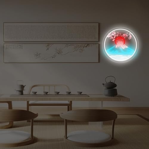 Image of Mount Fuji Sunrise LED Neon Sign with Cherry Blossom, Japanese Sakura Style Wall Decor, USB Powered Neon Light for Bedroom, Living Room & Aesthetic Home Decor Holiday Birthday Gifts