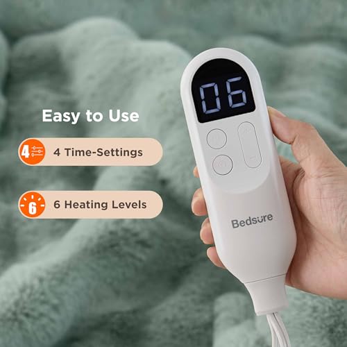 Image of Bedsure Fluffy Bubble Faux Fur Heated Blanket Throw - Super Soft Electric Blanket, Heating with 6 Heating Levels, 4 Time Settings, 3-Hour Auto-Off, Decor Gifts for Home, Green, 50x60 inches