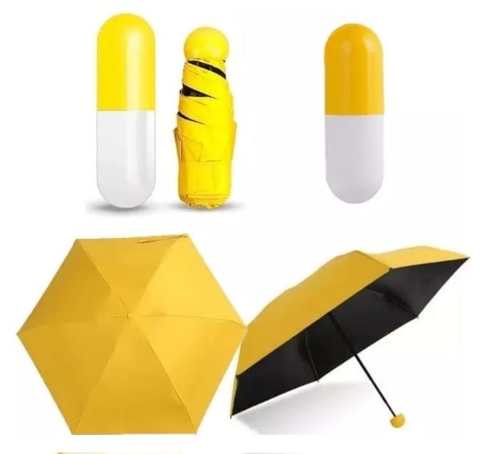 eCOW Mini Compact Umbrella Windproof Travel Sun &Rain Umbrella with Capsule Case - UV Protection Foldable Mini Cute and Small Capsule Design Umbrella Yellow Color