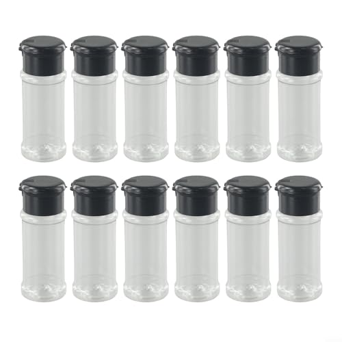 Honseadek Juego de 12 tarros de especias con molinillo, salero y pimentero de plástico transparente, botellas de condimento recargables con tapa giratoria, almacenamiento de condimentos de cocina