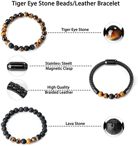KALVICA 3 Pcs 8 mm Bead Bracelets for Men Women Tiger Eye Bracelet Lava Rock Volcanic Stone Beads Bracelet Men's Leather Bracelet with Magnetic Clasp