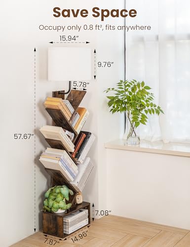 6 Tier Tree Bookshelf with Light, Corner Tall Narrow Bookshelf, Small Bookcase with Storage Cabinet,Floor Standing Bookshelves Organizer for Bedroom/Living Room/Home Office, Rustic Brown - Image 3