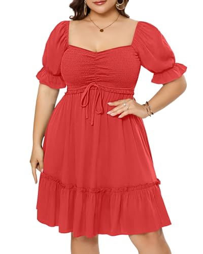 Image of Pinup Fashion Plus Size Summer Dresses-2026 Casual Puff Sleeve Sweetheart Neckline Smocked Short Babydoll Dress
