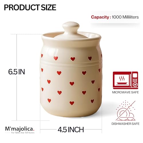 Image of Heart Print Ceramic Handglazed Pickle Jars Set of 2-1000 ML Each | 1 kg Achaar Martban Barni Jar with Lid | Ceramic Storage Jar Container Pickle /Achar, Chatney