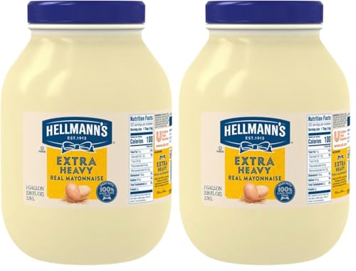 Image of Hellmann's Extra Heavy Mayonnaise Jar, Extra Egg Yolk, Condiment for Sandwiches, Salads, Mayo Made with 100% Cage Free Eggs, Gluten Free 1 gallon 128 oz, (Pack of 2)