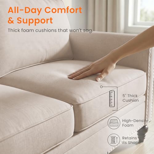 Image of ijuicy 2-Piece Sectional Sofa Set, Modern Linen Couch Set -Beige | with 5 inch Thicken Cushion & Nailhead Trim, Living Room Furniture Set-Armchair and 3 Seat Sofa