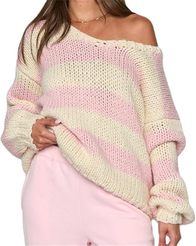 Womens Chunky Knit Loose Sweaters Off Shoulder Long Sleeve V Neck Oversized Fall Knit Pullover Tops Knitwear