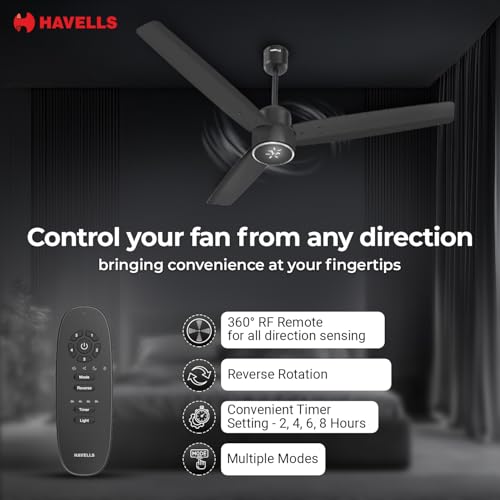Image of Havells EPIC SIGNIA BLDC Ceiling Fan 1200mm, 5 star, LED Speed Indicator, 380 RPM, Up to 65% Savings, Reverse Rotation,4 Speed Modes, Low Wattage 30W, Low Noise, Air Flow:225 CMM, Black