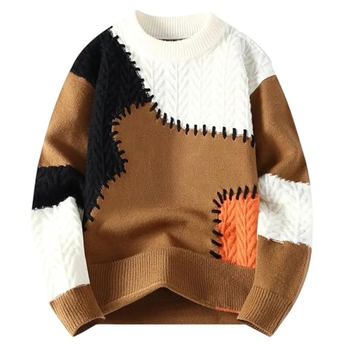 Men's Sweater Patchwork Casual Knitted Pullover Thick Warm Loose Round Neck Street Sweater