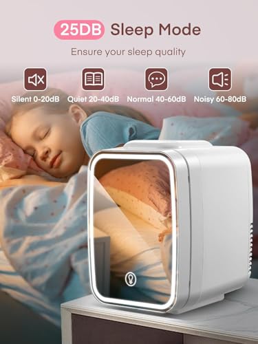 FOHERE 5L Mini Kühlschrank mit LED LICHT Spiegel,220V AC, Getränkekühlschrank, Kleine Skincare Fridge Kühl/Heizfunktion für Schlaf & Wohnzimmer, Büro Schreibtisch,Weiß