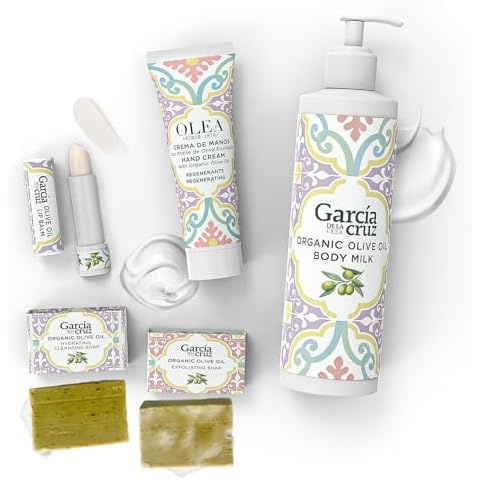Olive Oil Body Essentials Kit by Garcia de la Cruz Extra Virgin Olive Oil Infused Skin Care Gift Set includes Body Milk, Lip Balm, Hand Cream, and 2 Soaps Cover
