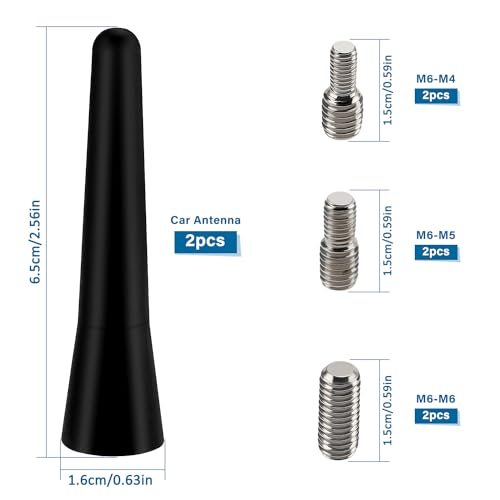 VooGenzek 2 Piezas 6.5cm Mini Antena Coche Corta, Antena Radio Coche Universal, Antena de Coche Corta Pequeña, con 6 Tornillos M4/M5/M6 Universales, para Radio FM/Am - imagen 2