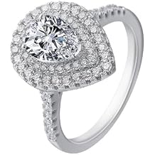 ChenFeng Sterling Silver Simulated Pear-Shaped CZ Halo Engagement Ring with Side Stones Promise Bridal Ring 8