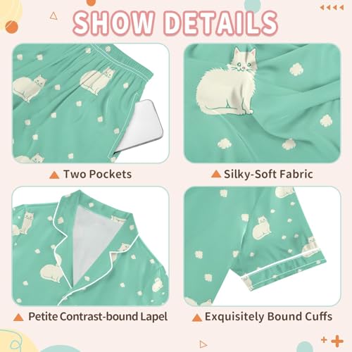 senya Cat on Green Dot Satin Summer Pajama Sets Silk Short Sleeve Button Down Sleepwear3