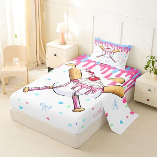 Image of Castle Fairy Baseball Cream Bed Sheets Twin Size,Ball Gaming Sweet Bowknot Easy Wash Bedding Set,Cute Sport Style Kids Room Decor,Pink Bule White Sheet(Fitted+Flat+1 Pillowcase)