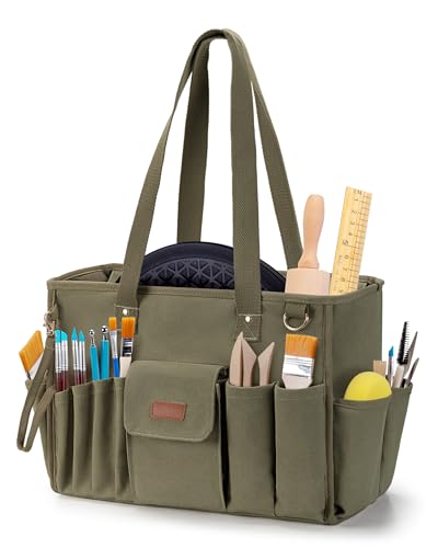 Trahzia Pottery Tool Bag with Multiple Pockets Art Supply Tote for Clay Sculpting Tools Portable Artist Organizer for Studio & Travel Green
