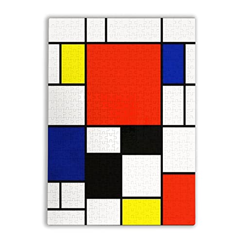 Hzong 1000ピース ジグソーパズル モンドリアン 抽象画 赤黄青 木製 50×75cm パズル装飾画 部屋飾り インテリア 親子ゲーム 収納ケース付き おしゃれ コレクション 子供 人気 知育玩具 おもちゃ プレゼント