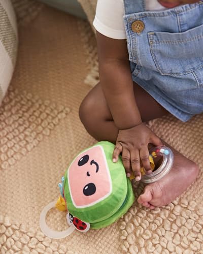 Image of Skip Hop x CoComelon Baby Stroller Toy Peek-a-Boo Melon Multisensory Activity Toy with Baby Mirror, Crinkle & Squeaker Sounds and Rattle Ring, Attaches to Stroller, Age 6m+