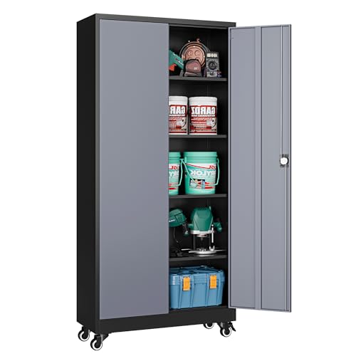 Yizosh Metal Garage Storage Cabinet with Wheels, Locking Doors &