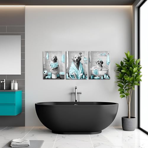 Image of sechars Funny Dogs Bathroom Wall Art Grey and Teal Bath Decor Cute Animal Painting Canvas Print (Teal)