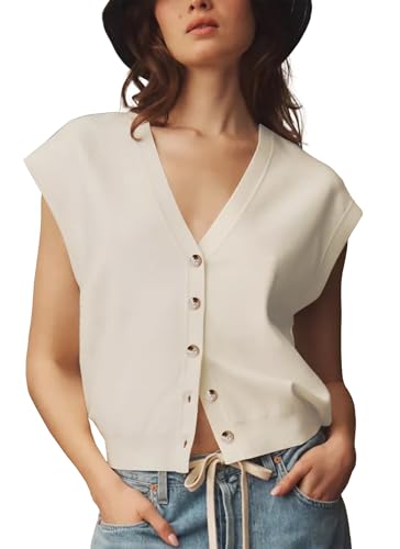 Image of XNC Womens Sweater Vest Cap Sleeve V Neck Knit Button Down Vest Tops Casual Summer Tank Top White