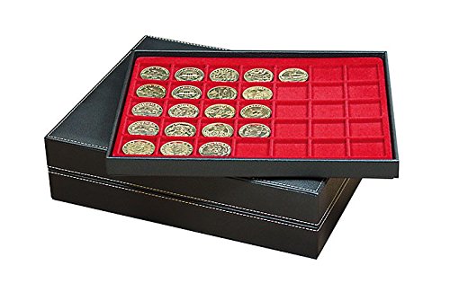 LINDNER Das Original Kasetka na monety Nera XL z 3 półkami i jasnoczerwonymi wkładkami na monety z 105 kwadratowymi przegródkami na monety/kapsułki na monety do Ø 36 mm