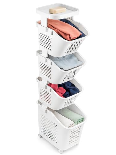 Rolling Laundry Basket Tower, 4-Tier Laundry Hamper with Wheels, Removable Sorting Bins, Ventilated & Easy-Clean Plastic, Space Saving Organizer for Bathroom Bedroom Utility Kitchen Storage