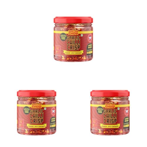 Image of MasterChow Limited Edition Chilli Garlic Crisp | Spicy, Crunchy, Garlicky Flavor | Made With Sichuan Peppercorns, Crunchy Garlic & Red Chillies | Eat With Momos, Pizza, Noodles - 170 Gram (Pack of 3)