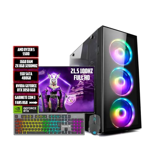 PC GAMER COMPLETO R5 5500/16GB/SSD 480GB/RTX 3050 6GB/MONITOR 21,5 100HZ/KIT GAMER RANGER RGB