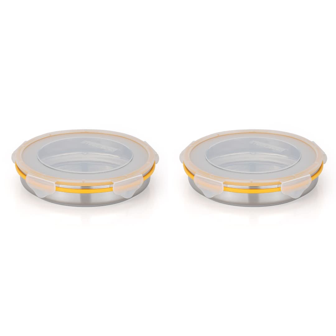 STEELLOCK Stainless Steel Container/Dabba with 4 Side Clip Lock see through Lid for Office & School Use/Food Grade/Air Tight/Easy to Carry/Leak Proof (SL-1500-2pcs X 750 ml, Yellow)