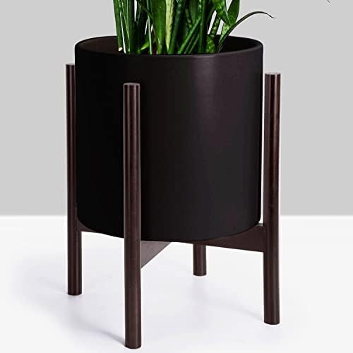 FineIris 20.5" Tall Plant Pot with Stand, 10 inch Black Ceramic Pot with Drainage & Wooden Plant Stand, Large Planter with Stand for Flowers, Fiddle Leaf Fig Tree, Snake Plant & Peace Lily
