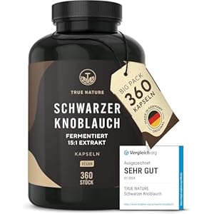 Schwarzer Knoblauch Extrakt (15:1) – 360 Kapseln (750mg) – 1500mg pro Tag – 14,89% Polyphenole – mit S-Allylcystein (SAC) – fermentiert, deutsche Produktion – TRUE NATURE