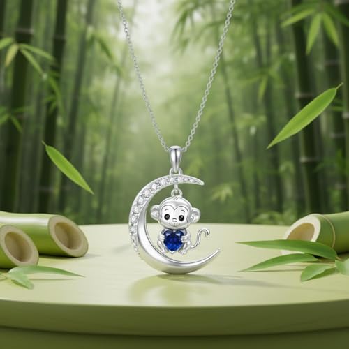 Image of PROESS Animal Birthstone Necklace 925 Sterling Silver Otter /Axolotl /Hippo /Elephant /Dachshund /Monkey /Red Panda Pendant Necklace Animal Birthstone Jewelry Gifts for Women
