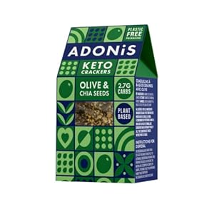 Adonis Keto Olive & Chia Seeds Crackers (10 x 60g verpakking) | Vegan & Keto | 100% natuurlijk | Vrij van gluten, suiker, palmolie en zuivel | Weinig suikers, caloriën & koolhydraten voor afvallen | Ontbijtreep | Gezonde snack | Keto dieet | Plasticvrije verpakking