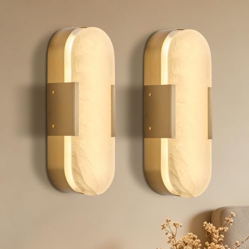 Golbasdena Alabaster Wall Sconces Set of Two, Natural Marble Gold Wall Lamp