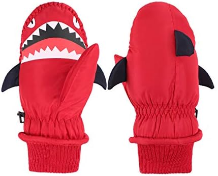 Pesaat Shark Waterproof Kids Gloves Warm Boys Girls Mitten For Winter Children Outdoor Glove With String