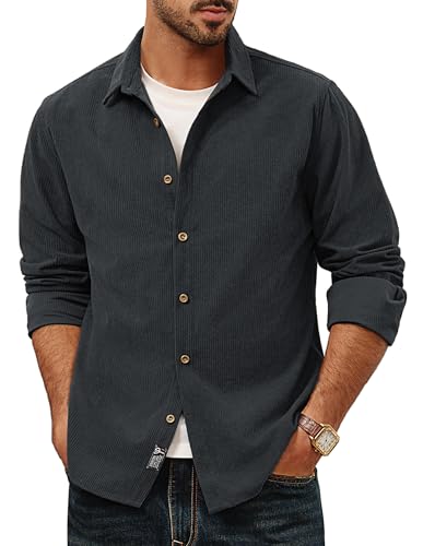 Herren Kordhemd Freizeit Hemd Normale Passform Langarm Vintage Shirts Dunkelgrau M