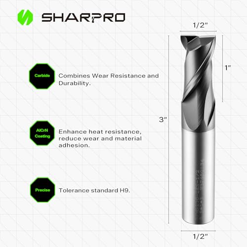 Image of 1 /2 End Mills 1 /2 Inch Shank, 2 Flute Carbide Square Endmill with AlCrN Coated, Upcut Spiral CNC Router Bits for Alloy Steel, Metal and Stainless Steel