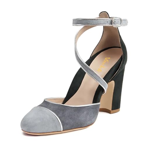 miss left Women Chic Round Cap Toe Chunky High Heel Pumps Ankle Strap Buckle Elegant Prom Dress Sandals Size 4-16 US