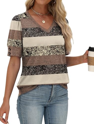 Image of OFEEFAN Womens Tops Short Sleeve Shirts Buttons V Neck Spring Fashion Summer Outfits Plus Size Blouses Dressy Casual