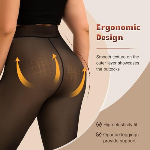 HONGTEYA 2 Pairs Plus Size Fleece Lined Tights Women, Fake Translucent Thermal Tights Pantyhose Sheer Leggings2