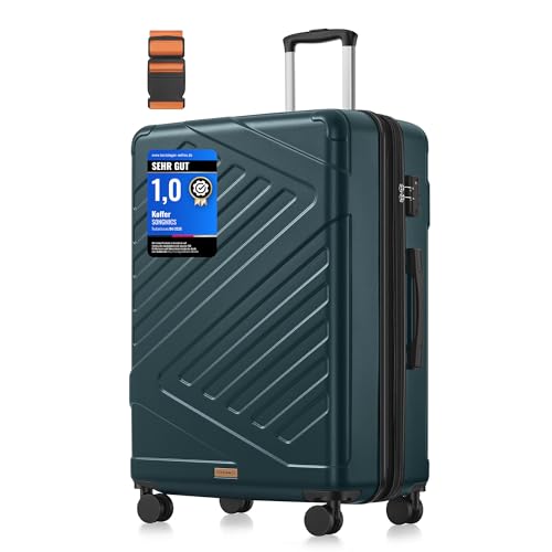 SONGMICS Koffer, Reisekoffer, Hartschalenkoffer mit TSA-Schloss, Koffergurt, ABS-Trolley, 4 Zwillingsrollen, erweiterbar, XL, 75 cm, dunkeltürkis RLP003C101