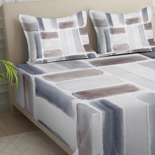 Image of Signature Digital Print Geometric Designs Super King Size Bedsheet - 108 x 108 inches | 100% Cotton-Feel Soft Fabric | Fade-Resistant Colors | 2 Matching Pillow Covers (Stone Brush)