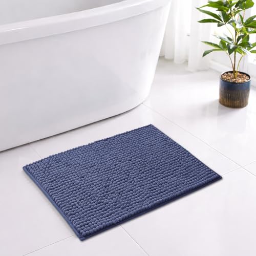 Image of LUXE HOME INTERNATIONAL Shaggy Chenille Bath Mat Extra Soft Super Absorbent Anti Skid Popcorn Door Mats for Home Entrance, Bathroom, Bedroom, Kitchen, Floor Mat (40x60 cm Navy) Pack of 1