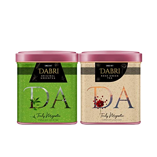 Image of DABRI Original & Rose Green Tea Combo 80gm Combo (Pack of 2 x 40g Each Tin Box) | Natural Loose Leaf | Antioxidant-Rich Organic Blend | Boosts Immunity & Metabolism | Glowing Skin | Weight Management