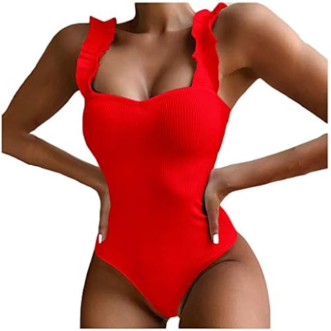 Women Solid Color Jumpsuit Push-Up Beach Bikini One Piece Swimwear Red Cover