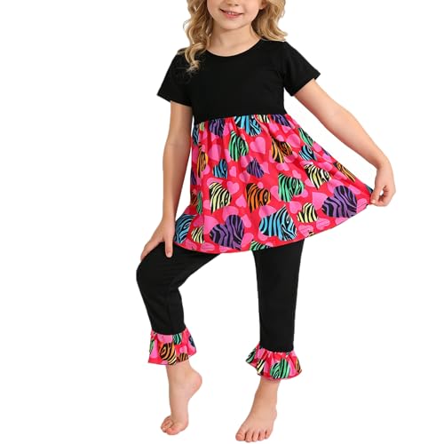 Image of Valentines Toddler Girls Pants Set Love and Heart Pink Outfits Set Ruffle T-Shirt Dress and Pants Outfit Set 3-8Y