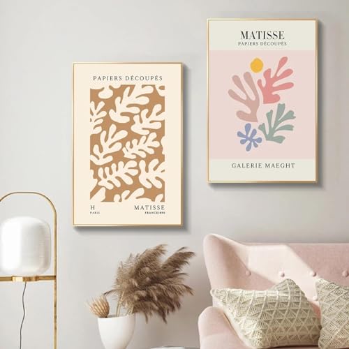 Affiche Matisse abstrait corail et feuilles | Toile murale salon 80x110 cm x2