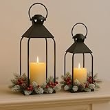 Decorative Metal Lanterns Indoor Outdoor, Candle Holder for Porch, Patio, Fireplace, Floor, Wedding, Christmas, Fall, Holiday, Farmhouse Table Centerpiece (Black, Set of 2 15.7' 12')