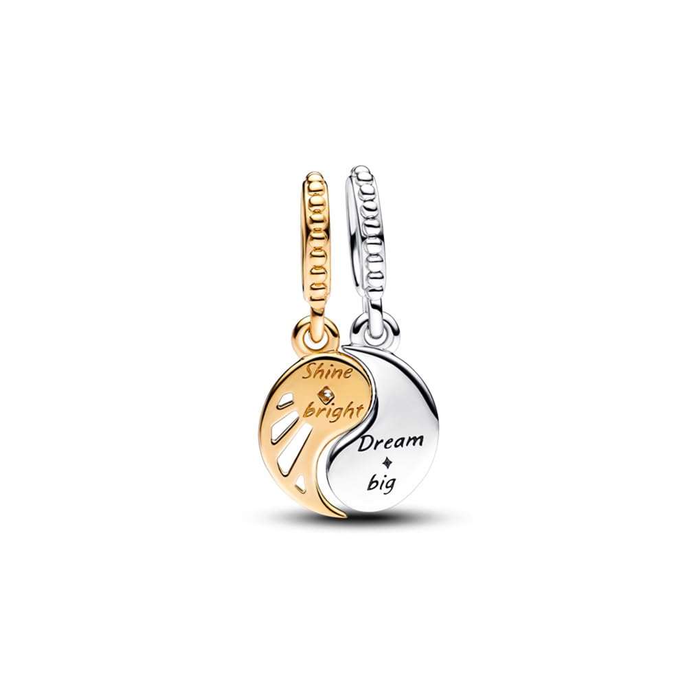 PANDORA Bicolor Teilbarer Sonne & Mond Charm-Anhänger aus Sterling Silber mit 14 Karat vergoldeter Metalllegierung, Cubic Zirkonia, Kompatibel Moments, 762678C01